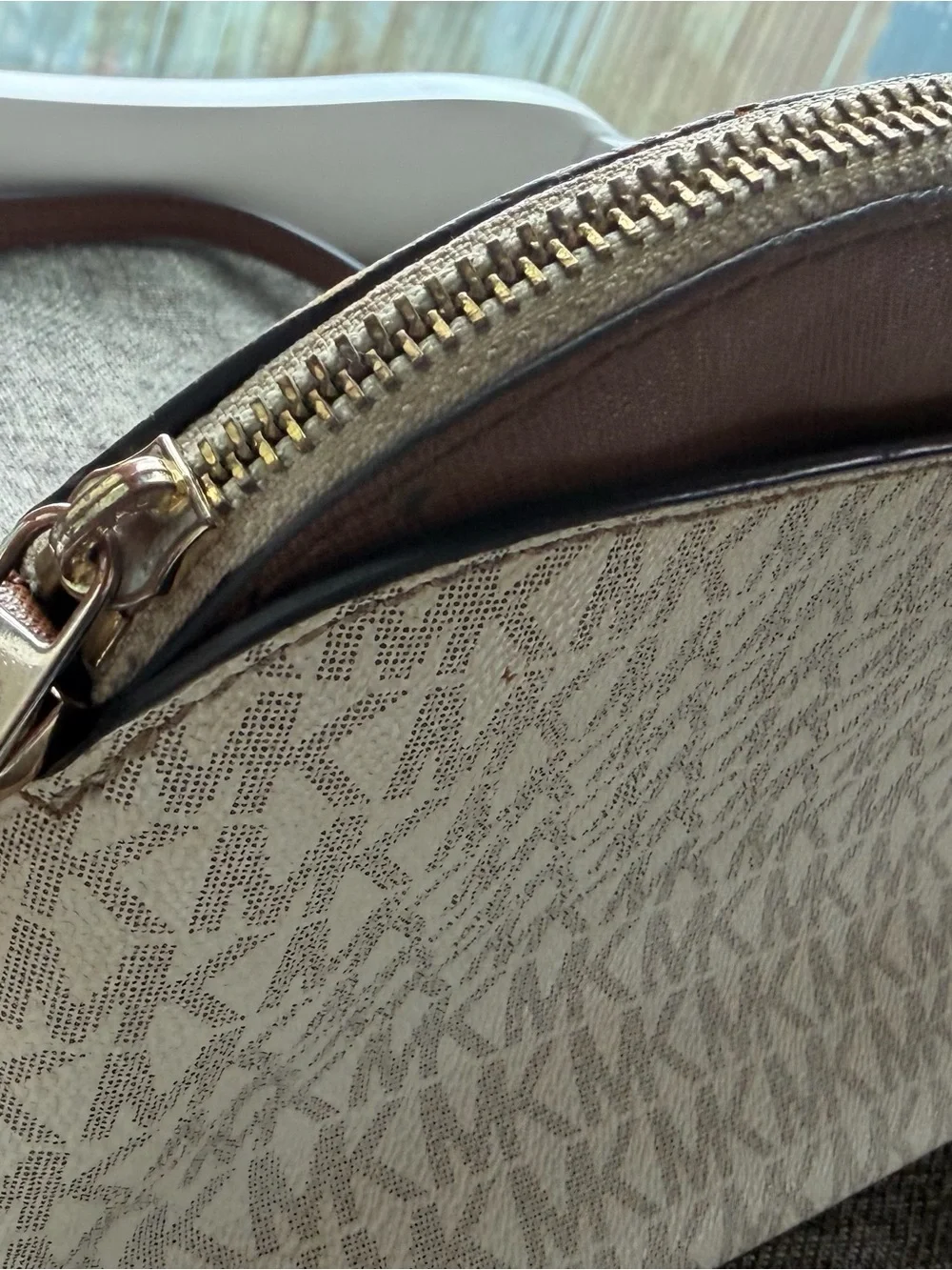 Michael Kors Beige MK Signature Crossbody with Brown Trim